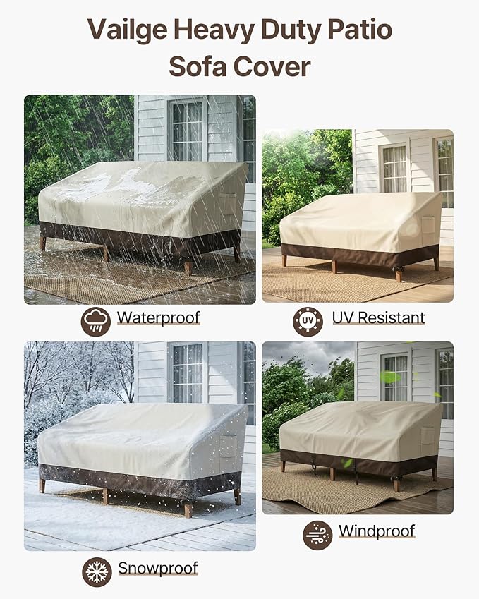 Vailge Heavy Duty Patio Sofa Cover, 100% Waterproof 3-Seater Outdoor Sofa Cover,Lawn Patio Furniture Covers with Air Vent and Handle,Beige&Brown