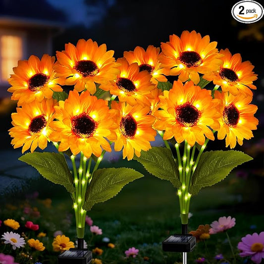 Solar Sunflower Lights 2 Pack with 12 Outdoor Decorative Lights, Birthday Gift for Mom and Friends, IP65 Waterproof Sunflower Garden Stake Lights for Yard Patio Lawn Pathway (Warm White)