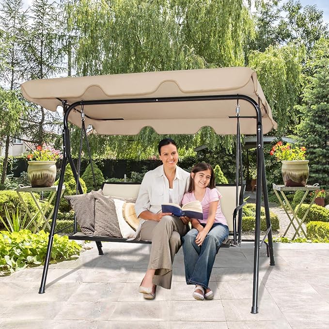 Tangkula 3 Person Patio Swing, Steel Frame with Polyester Angle Adjustable Canopy, All Weather Resistant Swing Bench, Suitable for Patio, Garden, Poolside, Balcony (Brown)