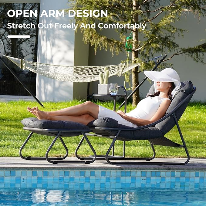 Grand patio Outdoor Lounge Chair with Ottoman, Comfy Sling Recliner Chair with Puffy Cushion and Foot Stool, Modern Patio Lounge Set for Porch Deck Garden, Dark Gray
