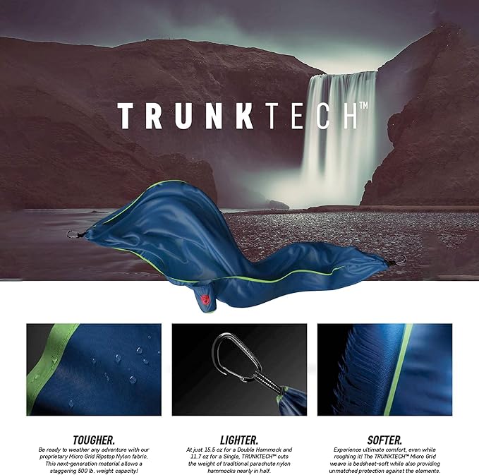 GRAND TRUNK TrunkTech Double Hammock | Ultra-Strong & Lightweight | 11 ft Hammock with Ripstop Nylon | 500 lb Capacity | Fast-Drying & Weather-Resistant | Big Fleur