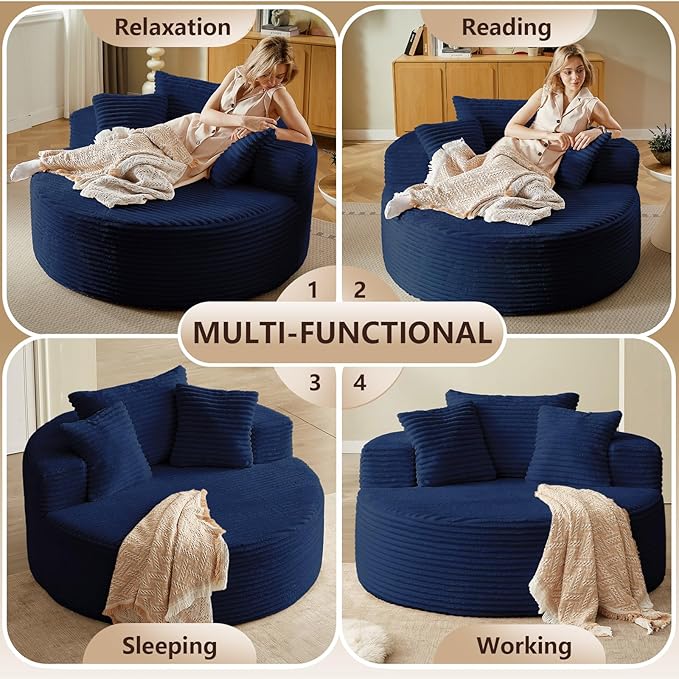 Oversized Round Chair Lounge Chaise Indoor, Upholstered Corduroy Deep Seat Cloud Large Circle Sofa Chair, No Assembly Required, Fluffy Modern Sleeper Sofa Bed for Reading, Living Room, Bedroom, Blue