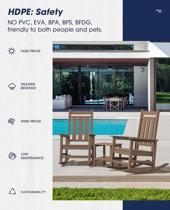 KINGYES Oversized Outdoor Rocking Chair Set of 2, All-Weather Patio Rocking Chairs for Porch, HDPE Outdoor Patio Rockers with High Back & Wide Seat for Garden, Lawn, Brown