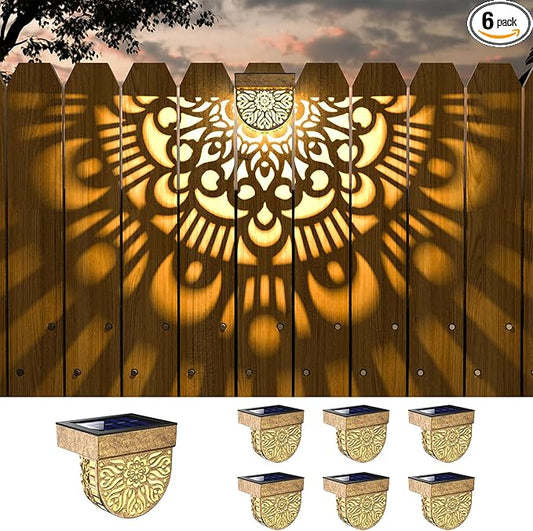 6 Pack Solar Fence Lights Outdoor Wall Lights Gold Plastic Solar Powered Deck Step Stair Lights Mandala Theme Waterproof Fence Solar Light for Garden Post Patio Backyard Yard Decor