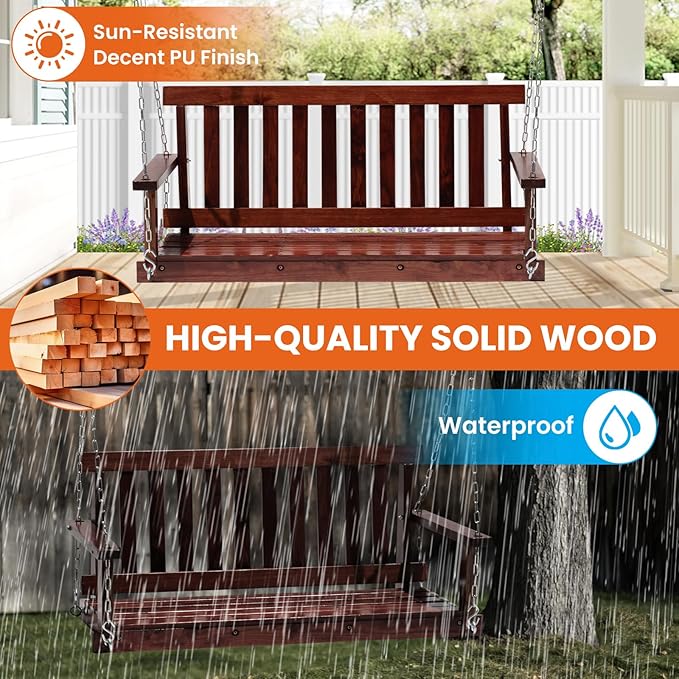 Upgraded Outdoor Wooden Porch Swings 48 Inch Outdoor Swings with Hanging Chains and Fixing Screw, Ergonomic Seat Heavy Duty 800 LBS Swing Bench for Outdoor Patio Garden Yard, Brown
