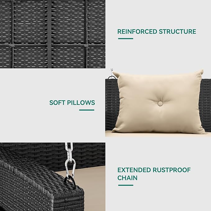 YITAHOME 3-Seats Hanging Porch Swing Chair Outdoor Black Rattan Patio Swing Wicker Swing Lounge 3 Back Cushions Capacity for Garden, Balcony, Deck