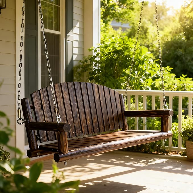 5FT Rustic Log Wooden Porch Swing, Heavy-Duty 900 LBS, Outdoor Hanging Bench for Patio, Garden, Yard – Solid Fir Wood, Handcrafted, Weather-Resistant Finish (Rustic, 5-feet)