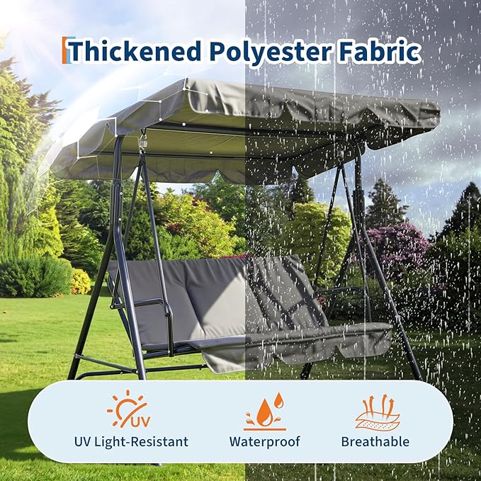 3 Person Porch Swing Chair,Outdoor Patio Swing Chair with Adjustable Canopy and Armrests,Breathable Fabric Seat & Backrest,Outdoor Swing for Backyard, Garden, 600 Lbs Max Load