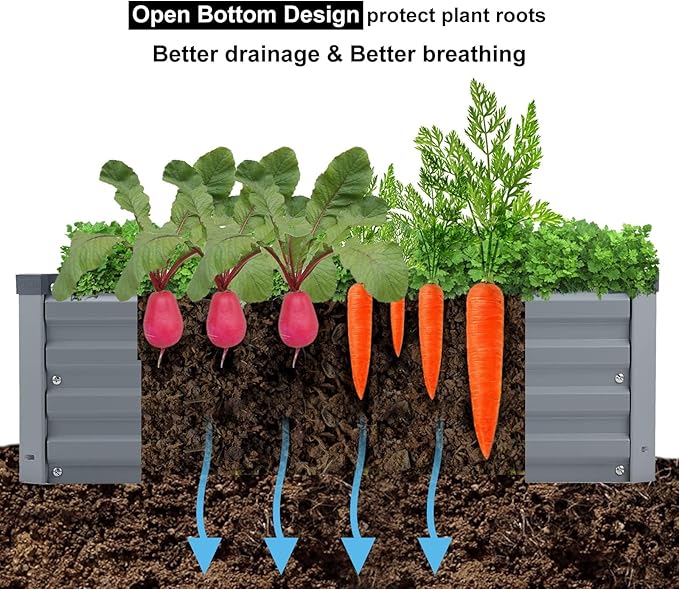 2 Pack 12x4x1FT Galvanized Raised Garden Bed Kit, Outdoor Metal Planter Box for Vegetables, Bottomless Rectangular Gardening Bed with Support Rods, Tool-Free Assembly, Gray