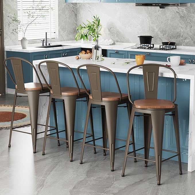 Alunaune 24" Swivel Metal Counter Height Bar Stools Set of 4 High Back Industrial Bar Chairs Kitchen Barstools with Large Wooden Seat-Rusty