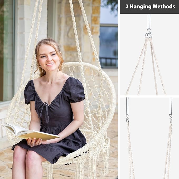 SUNCREAT Hammock Chair Macrame Swing with Side Pocket, Hanging Cotton Rope Hammock Swing Chair for Indoor and Outdoor Use, 330 lbs Capacity, Beige