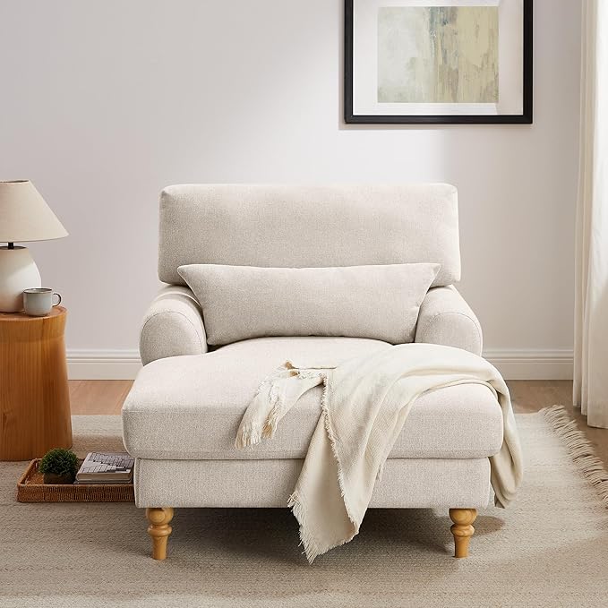 Modern Chaise Lounge Chair with Adjustable Backrest, Upholstered Indoor Leisure Sofa Recliner, Oversized Accent Chair Deep Seat Reading Armchair for Living Room, Bedroom, Office, Smoke White