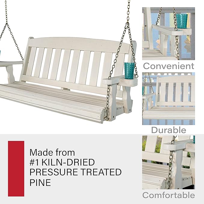 Amish Casual Heavy Duty 800 Lb Mission Treated Porch Swing with Hanging Chains and Cupholders (4 Foot, Semi-Solid White Stain)
