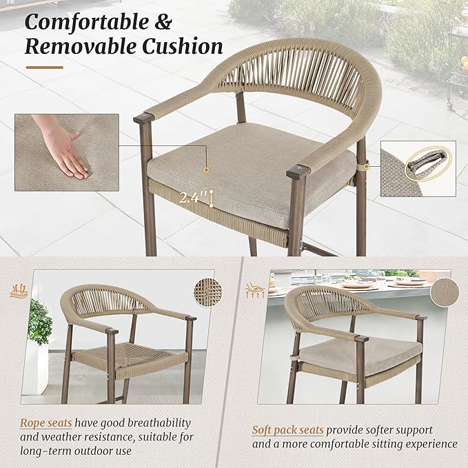 Bar Stools Set of 6, 24.8'' Aluminum Outdoor Bar Stool with Removable Cushion, Boho Rattan BarStools, Olefin Rope Woven Bar Chairs with Footrest for Patio, Garden, Pool, Kitchen, Brown