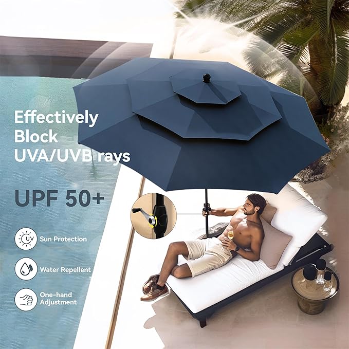 PHI VILLA Patio Dining Set 6 Piece with 4 Metal Outdoor Stackable Chairs, 1 Square Metal Table and 10ft 3 Tier Umbrella(Navy Blue), Outdoor Table Furniture Set for Patio, Deck, Poolside