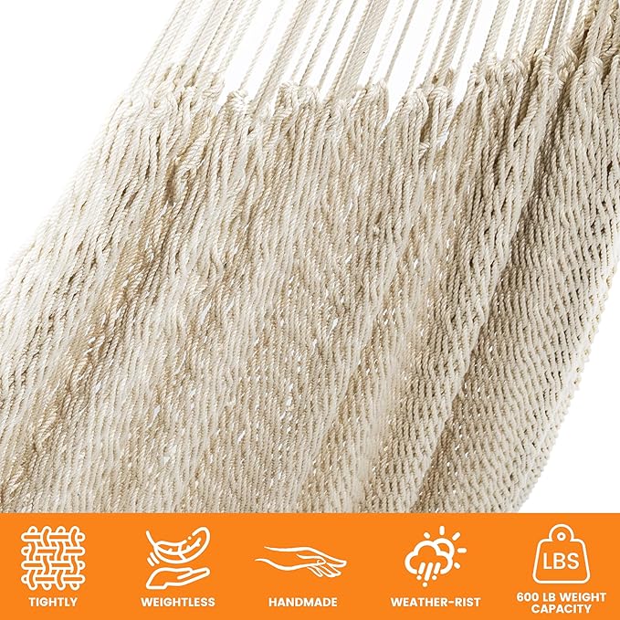 Lazy Daze Hammocks Handwoven Mayan Hammock, 10.5 FT Soft Rope Double Hammocks, Portable Outdoor Hammock with Carry Bag, 2 Straps & Carabiners for Patio Outside, 550 lbs Weight Capacity, Natural