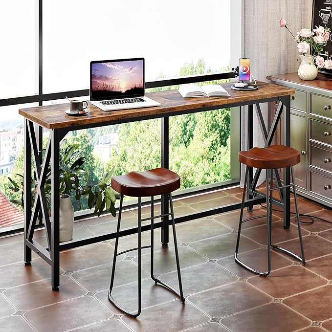 55'' Bar Table, Kitchen Dining Table with Power Outlet and Footrest, Industrial Style, for Pub, Living Room, Rustic Brown and Black TBT09UBF