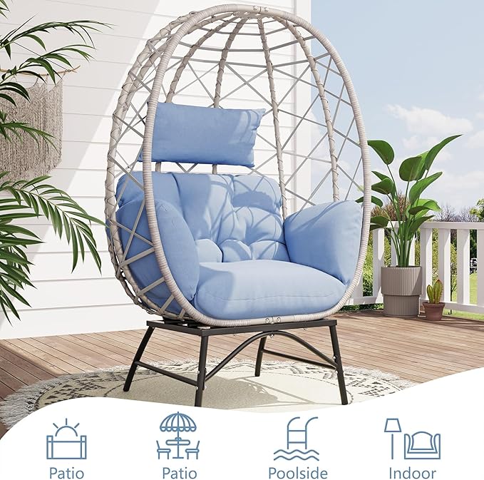 SWITTE Wicker Egg Chair Outdoor, Oversized Patio Lounge Chairs with Cushion for Indoor Living Room, Bedroom, Outside Backyard Balcony-Light Blue