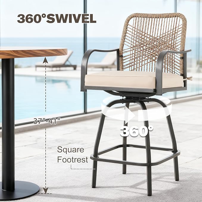 Patio Swivel Bar Stools Set of 6, Outdoor Rattan Height Bar Patio Swivel Chairs with Steel Frame and Thickened Cushion for Garden, Balcony, Lawn and Backyard (Rattan Brown)