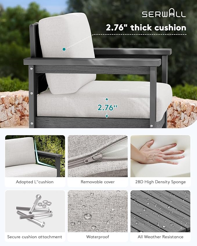 SERWALL 3 Pieces HDPE Outdoor Sofa Bistro Set with Cushions, Outdoor Furniture Sofa Sets with Coffee Table and Cushions, All Weather Conversation Social Set, Grey Frame with Khaki Cushion