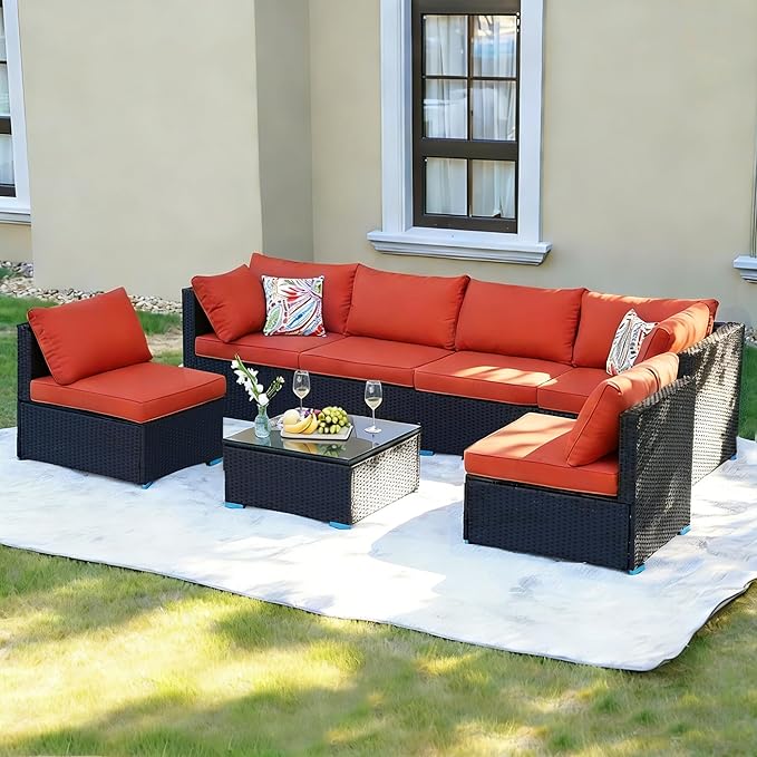 7 Piece Outdoor Patio Furniture Sets, Orange Patio Sectional Furniture All-Weather PE Rattan Sectional Sofa, Outdoor Wicker Conversatin Set w Glass Coffee Table for Backyard, Garden, Porch