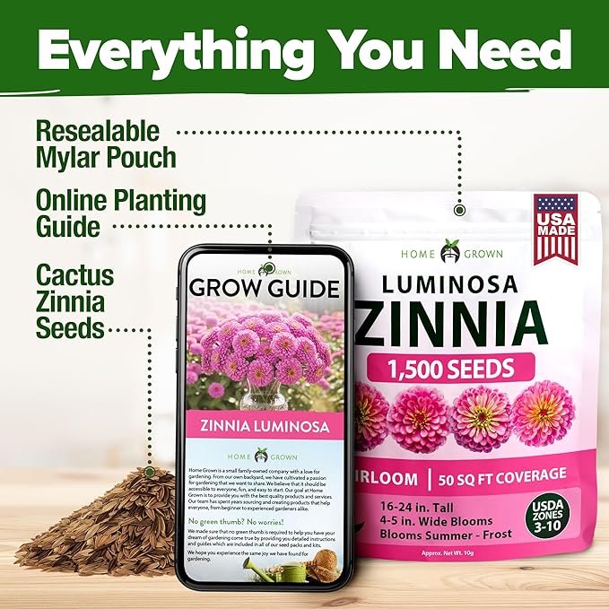 HOME GROWN Pink Zinnia Seeds – 1500 Luminosa Zinnias, Easy to Grow Annual Flower Seeds for Planting Outdoors for 2026, Fast Blooming, Heat Tolerant Herb Seed Garden Companion (Zinnia elegans)
