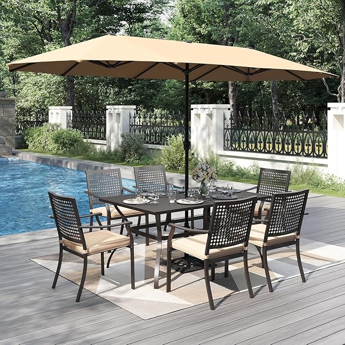 PHI VILLA 7 Pieces Outdoor Dining Set for 6 with Umbrella, 60" Long Metal Table & Stackable Iron Chairs with Cushions & 13ft Beige Umbrella, Modern Steel Furniture Set for Patio, Deck, Yard, Porch