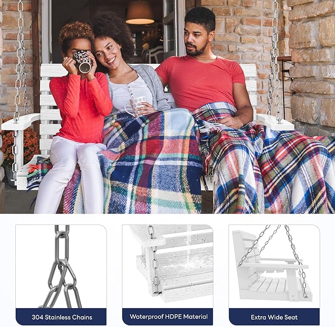 KINGYES Outdoor Hanging Porch Swing, Waterproof Swing with Cup Holders for Courtyard & Garden, 660LBS Weight Capacity, White