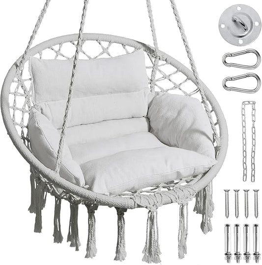 Greenstell Hammock Chair, Macrame Swing Chair with Comfy Cushion, Boho Hanging Chair for Outdoor & Indoor, Perfect for Bedroom, Patio, Balcony, Hold up to 330Lbs, Grey