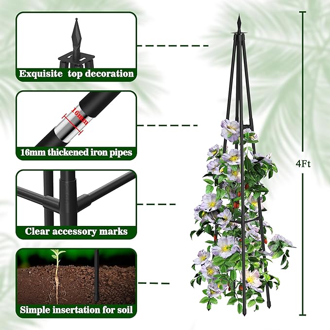 4FT Obelisk Trellis for Climbing Plants Outdoor, 16mm Rust-Proof Extra Thickened Plastic-Coated Metal Pipes, Indoor Climbing Support for Potted Plants, Vines, Flowers Stands,Black