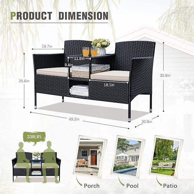 Greesum Patio Loveseat Outdoor Wicker Furniture Conversation Set with Soft Cushions & Built-in Coffee Table for Lawn Garden Backyard, Beige