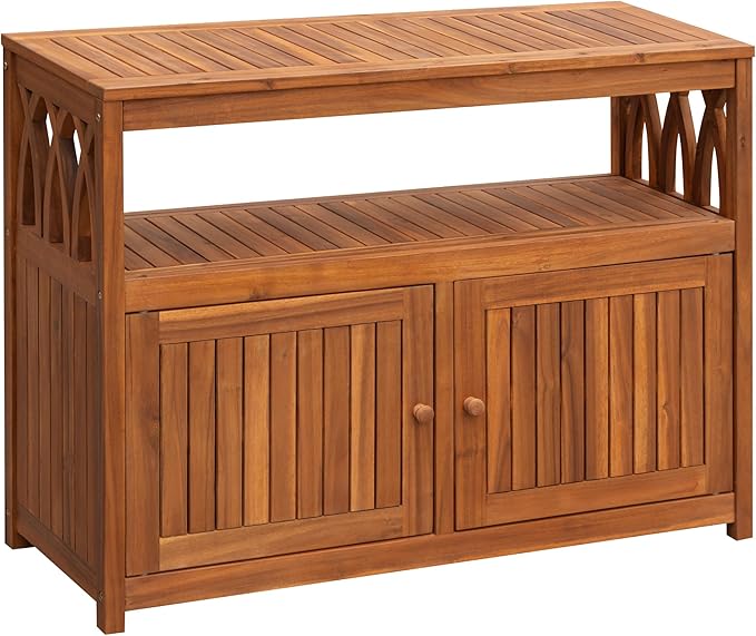 Flamaker Outdoor Storage Cabinet Weatherproof Acacia Wood Outdoor Cabinet with 2 Magnetic Doors Used for Outdoor Storage, Buffet Cabinet, TV Stand, Bar Table, Potting Table (Brown)