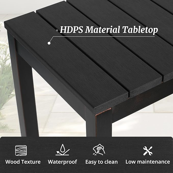 Outdoor Bar Table, 55" Patio Bar Height Counter Console Table, Black Waterproof HDPS Slatted Top and Bronze Leg, Weather Resistant, Hot Tub, Balcony, Yard, Indoor or Outdoor Use