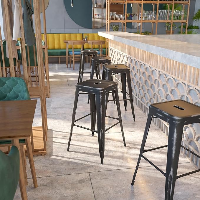Flash Furniture Kai Commercial Grade 30" High Backless Distressed Black Metal Indoor-Outdoor Barstool