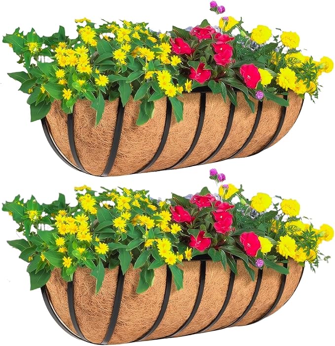 2 Pack 24" Railing Planter Window Box with Coco Fiber Liner Horse Trough Planter The Railing Planters Boxes for Deck Porch Fence Outdoor