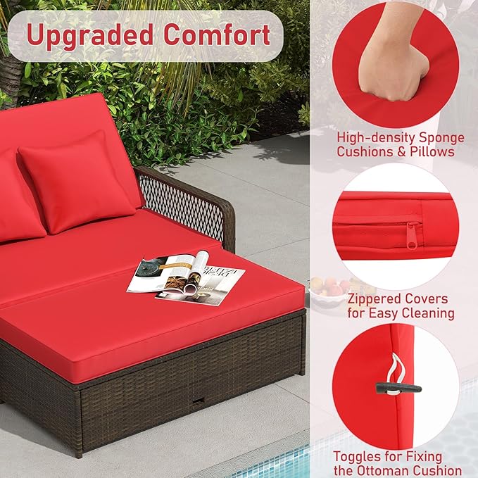 RELAX4LIFE Wicker Patio Outdoor Daybed - Rattan Sunbed Loveseat Sofa Set w/4-Level Adjustable Back, Cushions & Pillows, Storage Ottoman, 2-Person Bed Lounger for Backyard Porch, Patio Daybed (Red)
