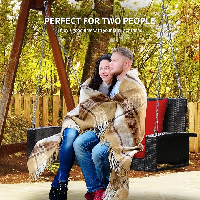RELAX4LIFE Porch Swing 2-Seat Patio Rattan, Wicker Porch Swings Outdoor W/Two 7.9 Ft Solid Steel Chain, Comfortable Back & Seat Cushions, for Front Porch, Garden, Backyard Patio Swing (Red)