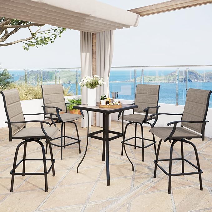 MFSTUDIO 5 Piece Outdoor Swivel Bar Set, Outdoor Bar Table and Chairs Set, Patio High Top Table and Chairs, Patio Dining Set Bar Height Table with 4 Chairs, Padded Textilene Stools for Outside