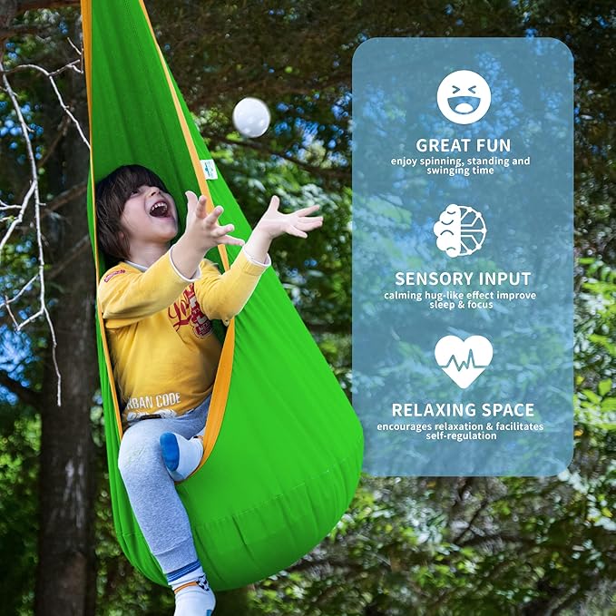 OUTREE Kids Pod Swing Seat, Cotton Child Hammock Swing Chair,Sensory Swing for Indoor and Outdoor Use,Green and Yellow