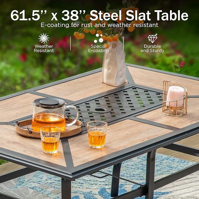 PHI VILLA 7 Pieces Outdoor Dining Set with Umbrella for 6, Rectangular Wood-Top Metal Table & Wicker Chairs with Cushions & 13ft Red Umbrella, Modern Dining Furniture Set for Patio,Deck,Backyard