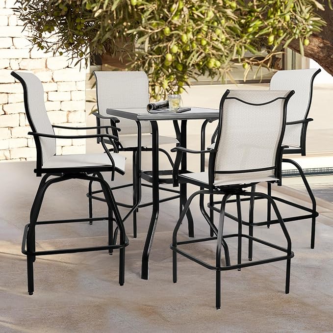 LEVELEVE Patio Bar Set 5pcs Swivel Bar Stools Outdoor Bistro Textilene Furniture Stability All-Weather Set with Height Table (5, Beige Fabric)