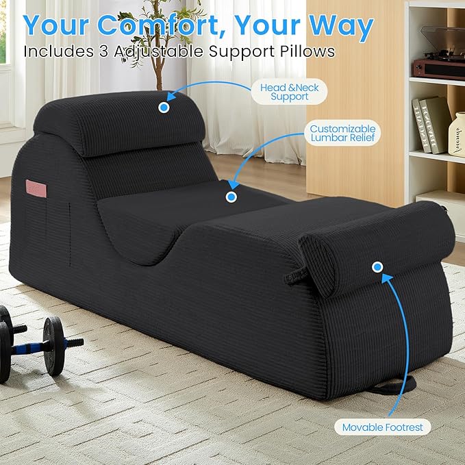 ijuicy 25" Wide Corduroy Yoga Chair, Yoga Lounge Chair for Adults, Chaise Lounge Chair Indoor/Yoga Lounger with Headrest, Waist Cushion, Movable Footrest, Side Pockets, High Density Sponge-Dark Grey