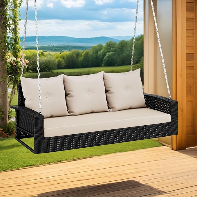 YITAHOME 3-Seats Outdoor Hanging Porch Swing Chair Rattan Black Wicker Patio Swing Chair with Swing Lounge 3 Light Brown Back Cushions Capacity for Garden, Balcony, Courtyard, Gazebo, Porch