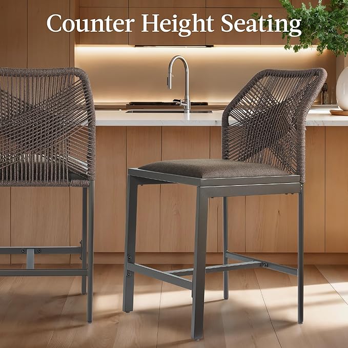 Best Choice Products Indoor Outdoor Counter Height Bar Stools Set of 2, Armless Kitchen Counter Stools w/Back and Footrest, Built-in Cushion, Aluminum Frame - Brown/Mocha