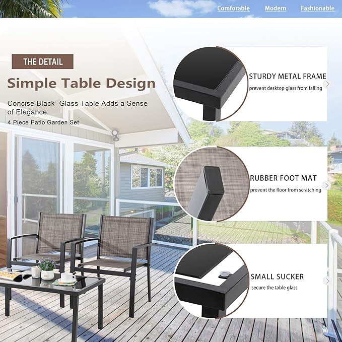Vongrasig 4-Piece Modern Metal Textilene Patio Furniture Set - Small, Taupe with Loveseat & Glass Table for Lawn, Garden, Porch, Balcony, Backyard (Taupe)