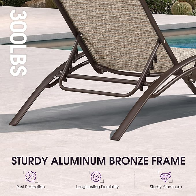 PURPLE LEAF Outdoor Oversized Chaise Lounge Chair Set of 3 Patio Pool Lounger Bronze Aluminum Chairs with Side Table Adjustable Tanning Recliner for Outside Backyard Yard Deck Balcony Beach Khaki