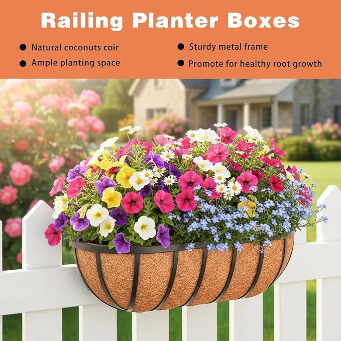 2 Pack 30" Railing Planter Window Box with Coco Fiber Liner Horse Trough Planter The Railing Planter Boxes for Deck Porch Fence Outdoor