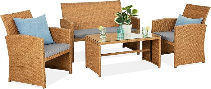Best Choice Products 4-Piece Outdoor Wicker Patio Conversation Furniture Set for Backyard w/Coffee Table, Seat Cushions - Natural/Cement Gray