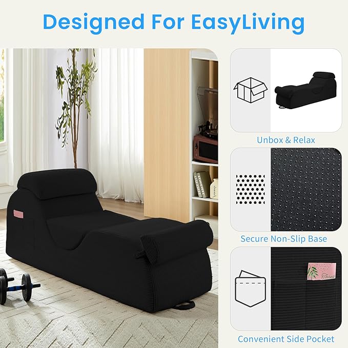 ijuicy 25" Wide Corduroy Yoga Chair, Yoga Lounge Chair for Adults, Chaise Lounge Chair Indoor/Yoga Lounger with Headrest, Waist Cushion, Movable Footrest, Side Pockets, High Density Sponge-Black