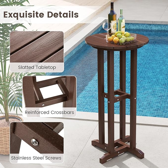 Tangkula 21.5" Round Bar Table, Patio HDPE Bar Height Dining Table w/Slatted Tabletop, Outdoor All-Weather High-Top Bistro Table for Poolside, Backyard, Balcony (Brown)